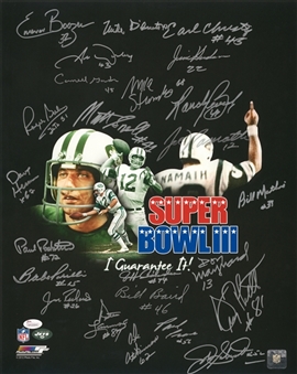 1968 Super Bowl Champion New York Jets Team Signed 16 x 20 Super Bowl III "I Guarantee It!" Poster With 24 Signatures Including Joe Namath & Don Maynard (JSA)